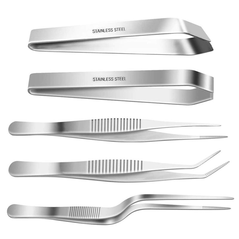 SelfTek 5Pack Fish Bone Tweezers Set Stainless Steel Cooking Tweezers Precision Tongs Serrated Tips, Flat and Slant Fish Bone Pliers for Cooking Sea Food Styling Utensils Medical Beauty - Image 1